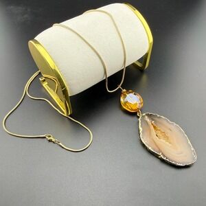 Earthy Agate Stone Amber Glass Bead Pendant Necklace Gold Tone Statement Boho